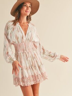 Reset by Jane Lillian Smocked Waist Floral Embroidered Mini Dress in Blush Small